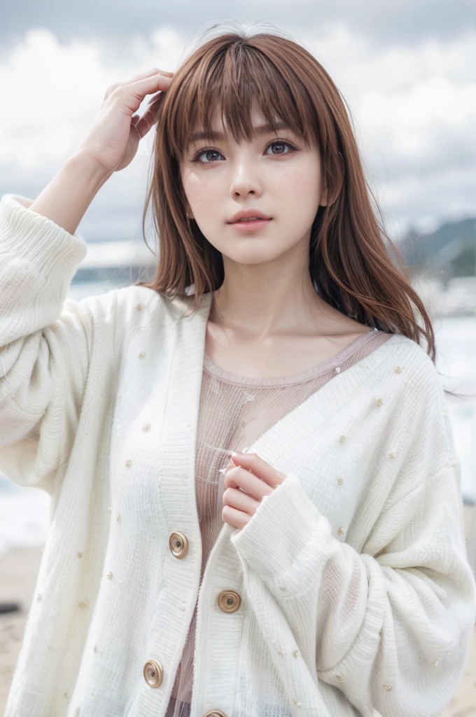 kasumi, eyes browns, (best qualityer, ultra detail), (realisitic:1.37), beautiful and detailed face, ultra-realisitic texture, Exquisite face, Delicate body, red lipgloss stick, shiny colors. High definition, 8k, expression a slight cute smile