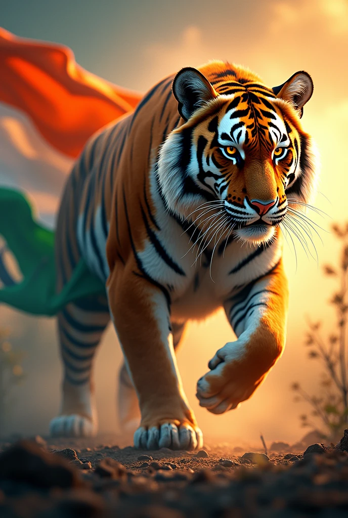 A roaring tiger with indian flag for independence day with name Abhiman that is visible in fonts of patriotism