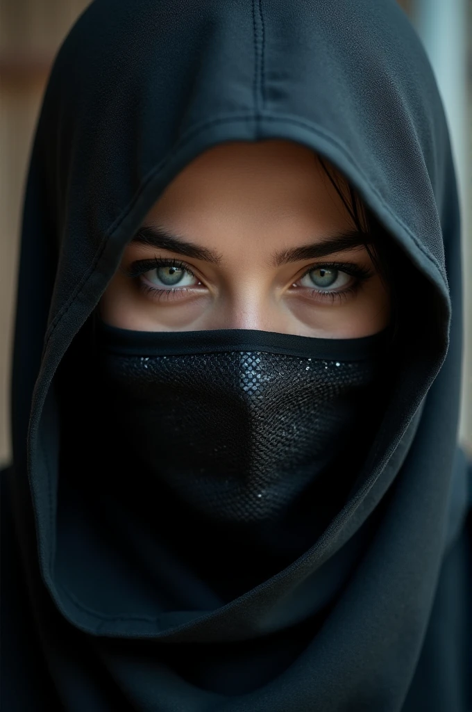A close up woman with ninja face mask