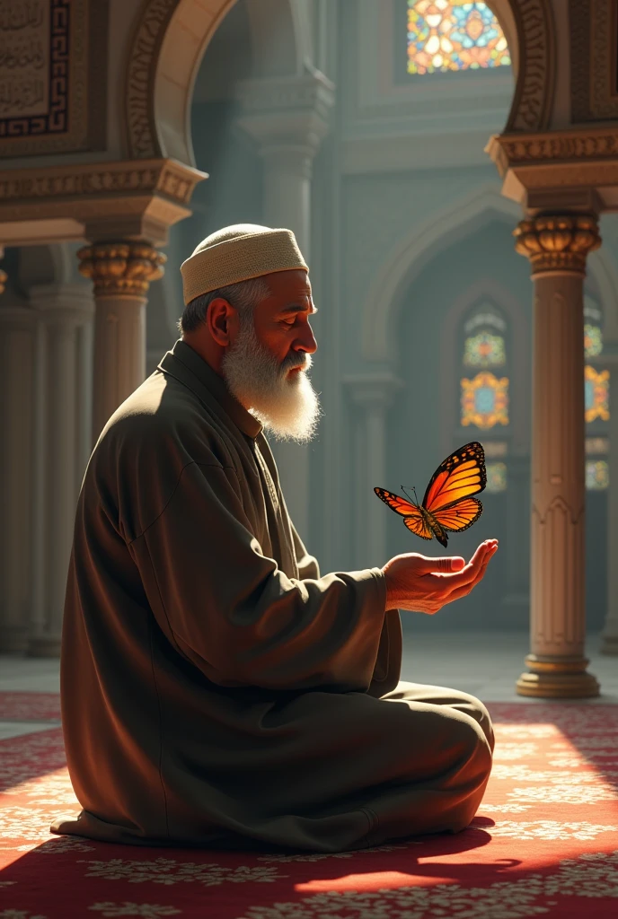 Muslim man in masjid with butterfly 