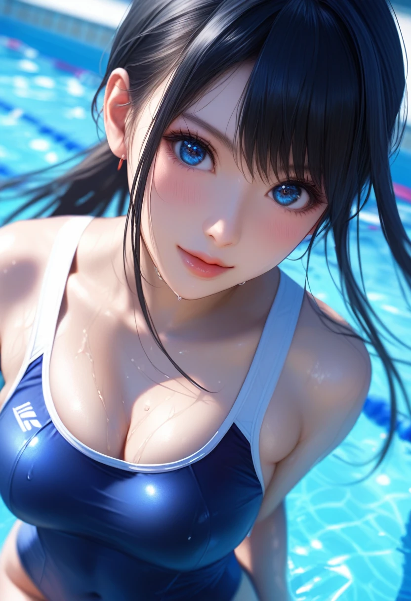 Close-up details, realistic style photo Japanese young woman, black hair, long hair, outstanding style, tall, cute, in her s. Use soft lighting to cast gentle shadows on the subject, adding a touch of dimension to your images without compromising details, score_9, score_8_up, score_7_up, Cute droopy eyes、Beautiful big eyes、Sweaty and wet、short hair、(Japanese School Swimsuit、Navy blue one-piece swimsuit、Navy blue Japanese student swimsuit:1.3)、Pool、Dynamic pose、Huge Rim Figure
