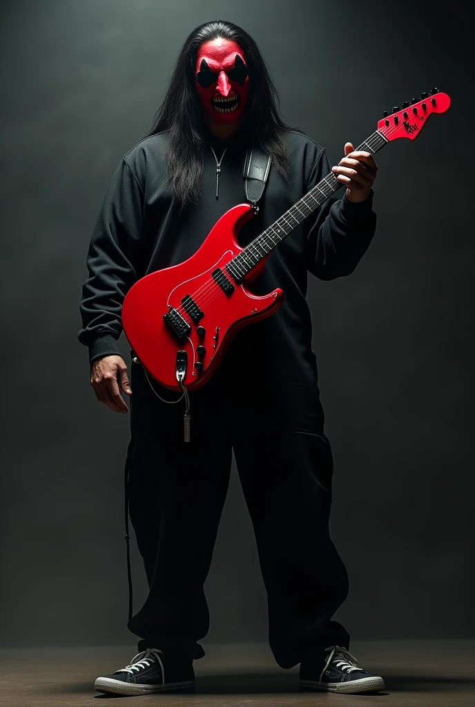 Guitarist with long black hair, large body, wearing a red mask with a pointed nose, black eyelids, a zipper on the mouth, wearing a jumpsuit Holding a red strat guitar with a black neck and a red headstock, wearing black sneakers.