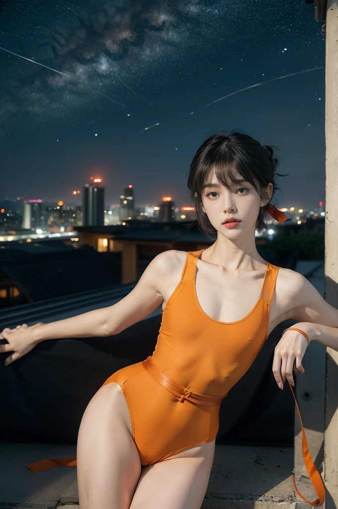 (((best quality))),(((ultra detailed))),(((masterpiece))),illustration,((1girl,Ai Kisugi,solo)),((slim,thin)),((small breasts,flat chest)),(tomboy short hair:1.2),(bangs:1.3),(orange full-body leotard:1.5),(red ribbon around waist:1.3),(On the roof of skyscraper:1.3),(city view:1.2),(night scene:1.3),elegant,confident,athletic,curves,(slender legs:1.2),waist,concrete,glass,buildings,starry sky,natural beauty,captivating,thought-provoking,((from front,upper body))