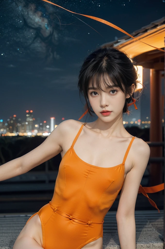 (((best quality))),(((ultra detailed))),(((masterpiece))),illustration,((1girl,Ai Kisugi,solo)),((slim,thin)),((small breasts,flat chest)),(tomboy short hair:1.2),(bangs:1.3),(orange full-body leotard:1.5),(red ribbon around waist:1.3),(On the roof of skyscraper:1.3),(city view:1.2),(night scene:1.3),elegant,confident,athletic,curves,(slender legs:1.2),waist,concrete,glass,buildings,starry sky,natural beauty,captivating,thought-provoking,((from front,upper body))