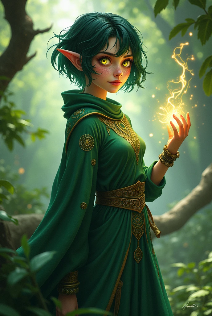 Female sorcerer and druid character
with dark green hair and yellow eyes
With freckles and short stature