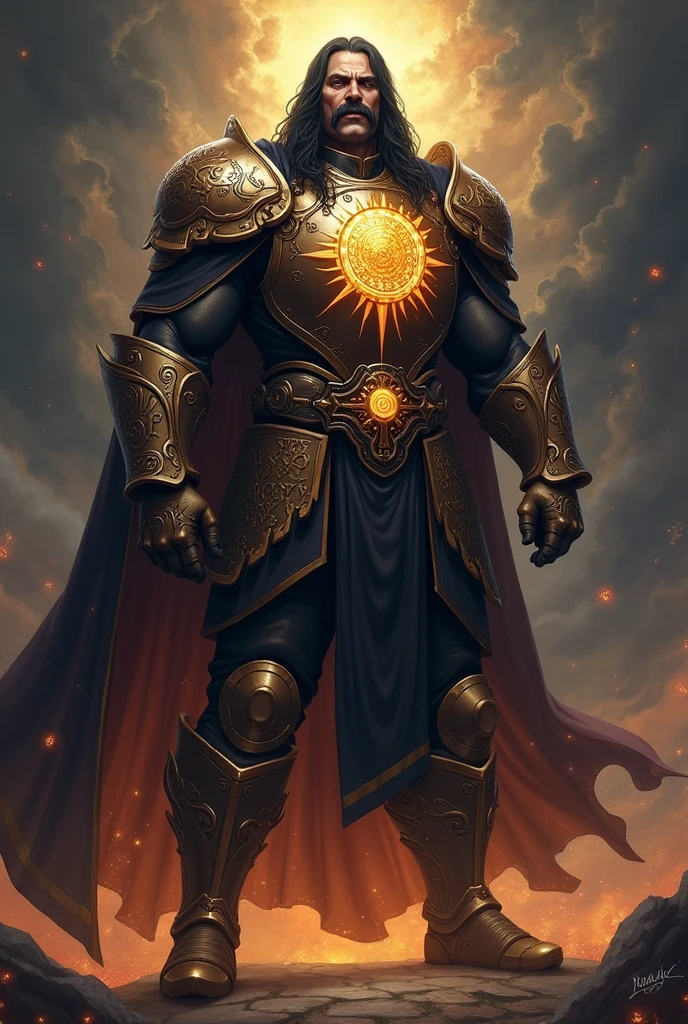 A black sun cleric with a sun pattern emblazoned on the chest of his armor, he is 110 kilos of pure muscle and has a black mustache and black hair