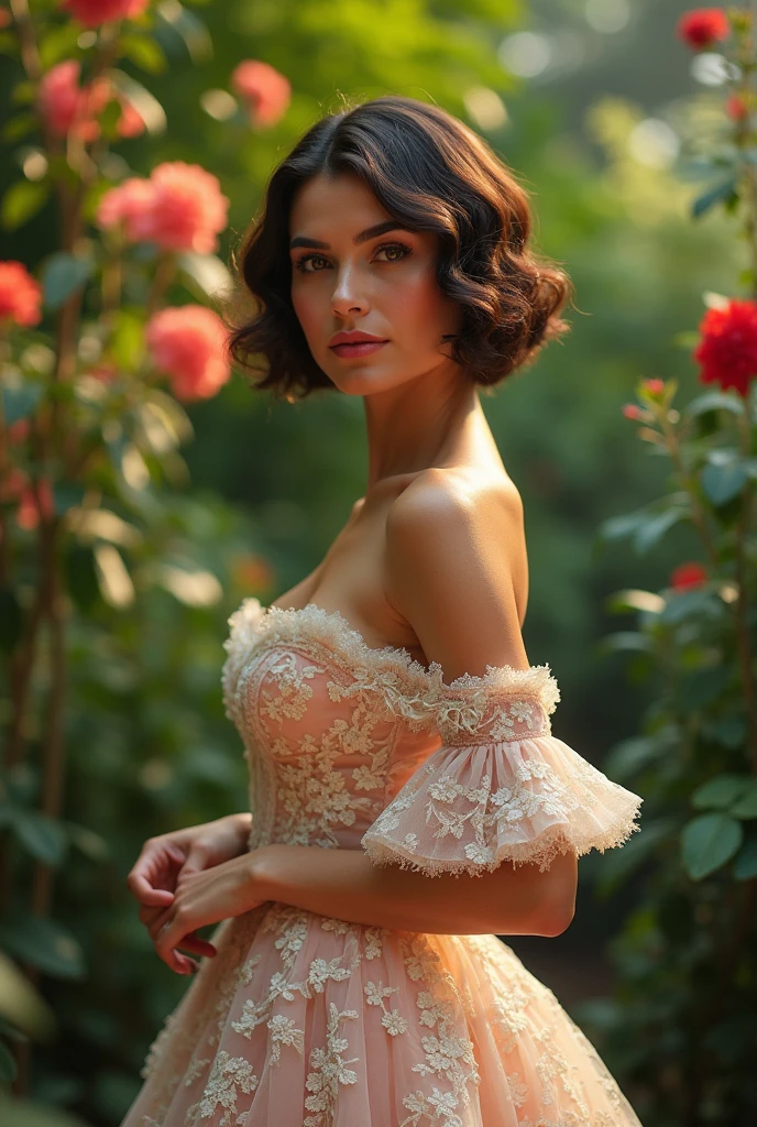 Beautiful latina woman perfect body short brunette hair,  dressed in elegant victorian era 19th century American colorful conservative formal studio lighting,  beautiful outdoor paradise background 