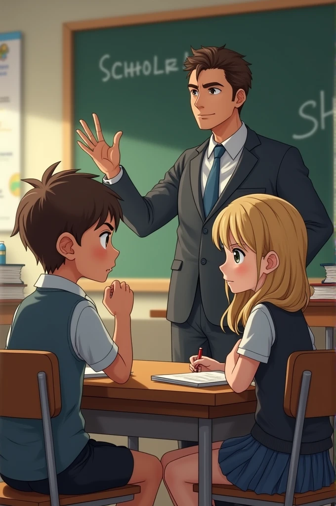 Can you create a picture of two students, one male and one female, sitting at a desk being scolded by their teacher?