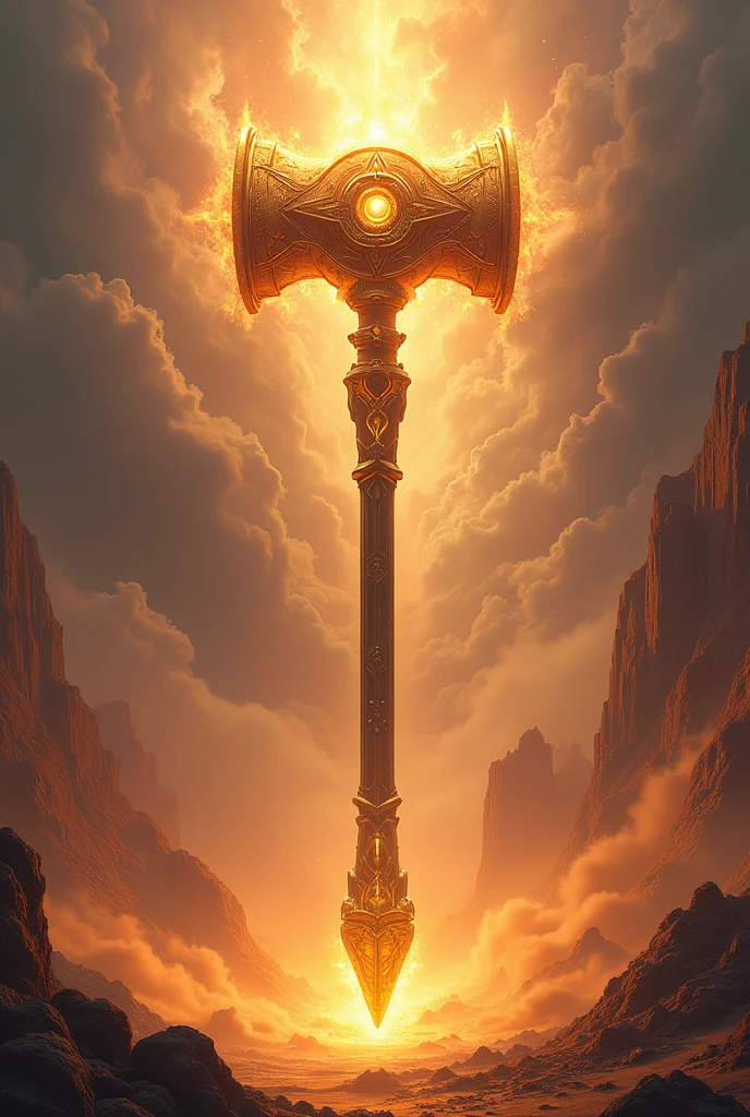 (a giant hammer shaft), celestial hammer, mystical landscape, bright golden start, mystic dessert, vivid color, sand storm, cinematic lighting, realistic, (masterpiece, best quality:1.2)