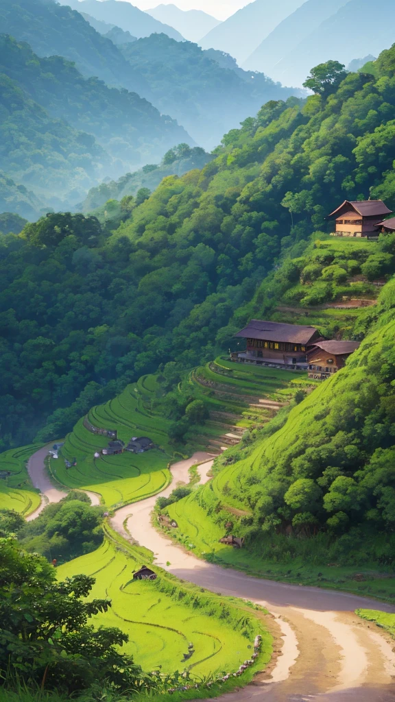 detailed curvy road, curvy stream, mountain landscape, small rural village, traditional Myanmar architecture, thatched roofs, wooden houses, dirt paths, lush green vegetation, overgrown foliage, warm lighting, soft colors, atmospheric haze, serene tranquil mood, realistic detailed 4k, masterpiece, ultra-detailed, hyper-realistic, cinematic, natural lighting