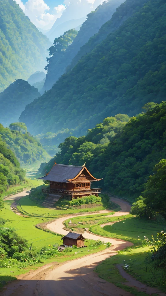 detailed curvy road, curvy stream, mountain landscape, small rural village, traditional Myanmar architecture, thatched roofs, wooden houses, dirt paths, lush green vegetation, overgrown foliage, warm lighting, soft colors, atmospheric haze, serene tranquil mood, realistic detailed 4k, masterpiece, ultra-detailed, hyper-realistic, cinematic, natural lighting
