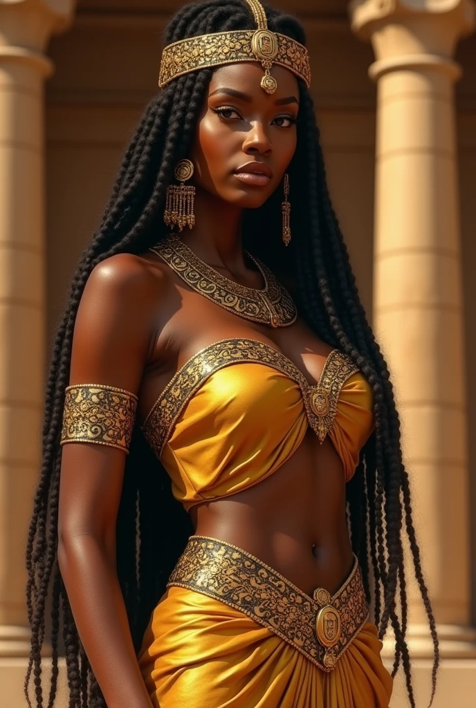 (cleopatra), (Egito), (kemet) black female, gorgeous  woman, sensuous, chic, gold and jewels , (whole body), braided hair