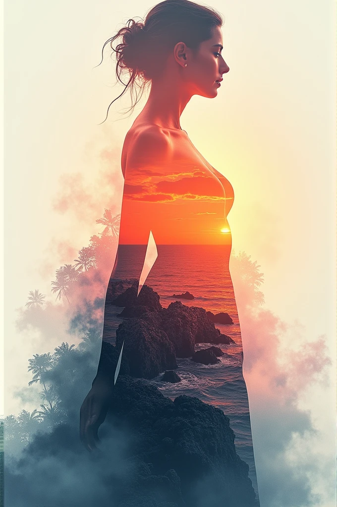 high quality, 8K Ultra HD, A beautiful double exposure that combines an goddess silhouette with sunset coast, sunset coast should serve as the underlying backdrop, with its details incorporated into the goddess , crisp lines, The background is monochrome, sharp focus, double exposure, by yukisakura, awesome full color,