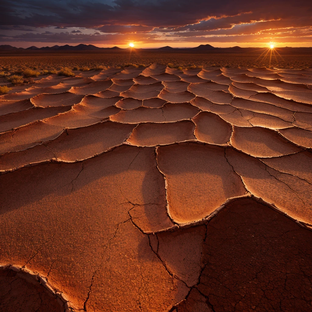 Dramatic sunset over cracked earth. Desert landscape background.