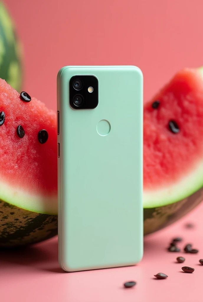 Newly launch google pixel 9. Available in four color, grey, peach pink, light green. With the background of watermelon 