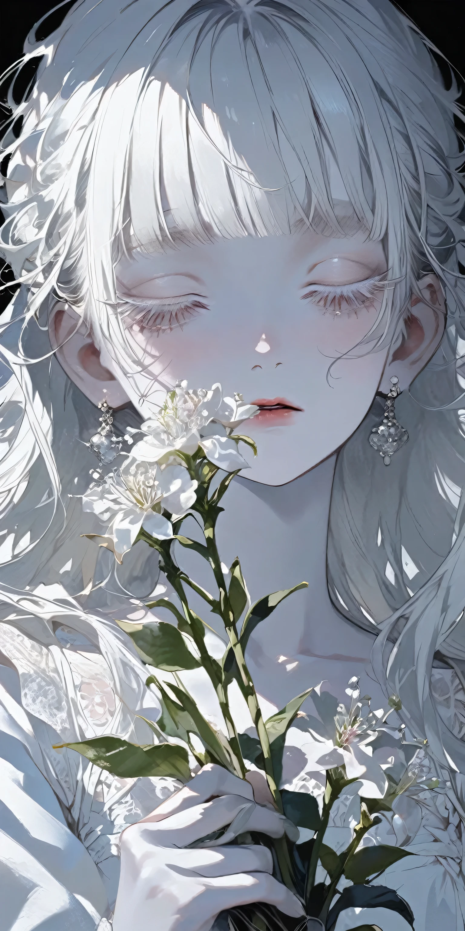 White theme, 1 girl, holding bud bouquet, holding a bud bouquet in front of her face,, solo, long hair, white skin, flat chest, Anxious expression, closed the eyes, looking down, upper body bends forward, bangs, white hair, jewelry, upper body, earrings, white laced blouse, blunt bangs, makeup, eyeshadow, white eyelashes, flowerium background, portfolio, portrait, album cover