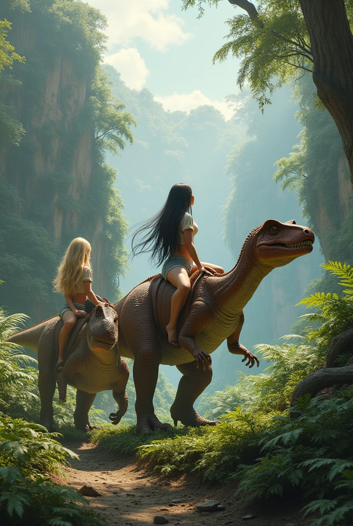 create a realistic image that represents the terrain of the earth in the Jurassic period (ferns, gymnosperms, vast forests and gymnosperms) and put three dinosaurs with three girls on each, a girl with long straight black hair, a girl with long straight blonde hair, a girl with long wavy blonde hair, with them riding the dinosaurs