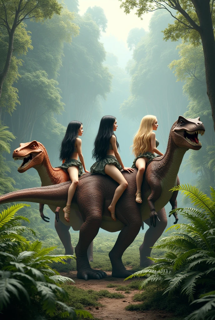 create a realistic image that represents the terrain of the earth in the Jurassic period (ferns, gymnosperms, vast forests and gymnosperms) and put three dinosaurs with three girls on each, a girl with long straight black hair, a girl with long straight blonde hair, a girl with long wavy blonde hair, with them riding the dinosaurs