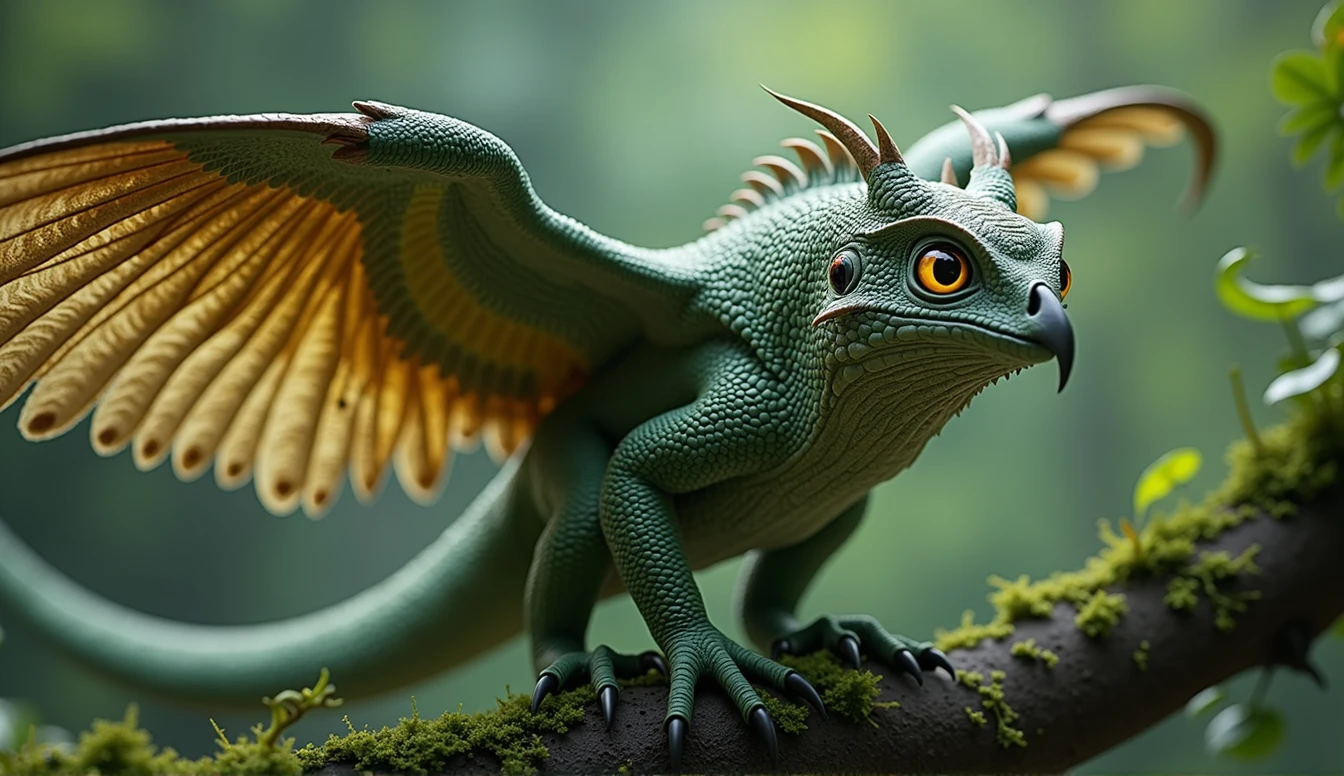 (best quality, masterpiece, ultra detailed, ultra high res, photorealistic, raw photo, absurdres, absolutely resolution), A fictional creature that combines a "lizard" and an "owl": "Tokauru"
Tokauru has a body covered with lizard-like scales and is generally green in color. It has owl-like feathers on its back, and when it spreads its wings, the pattern of an owl's feathers appears. Its head resembles an owl's, with large eyes and a sharp beak. Its eyes are yellow and have the ability to glow in the dark. Its limbs are long and slender like a lizard, with sharp claws at the tips, making it suitable for climbing trees. It also has a long tongue, which it uses to capture prey. Its tail is long and is used for balance.