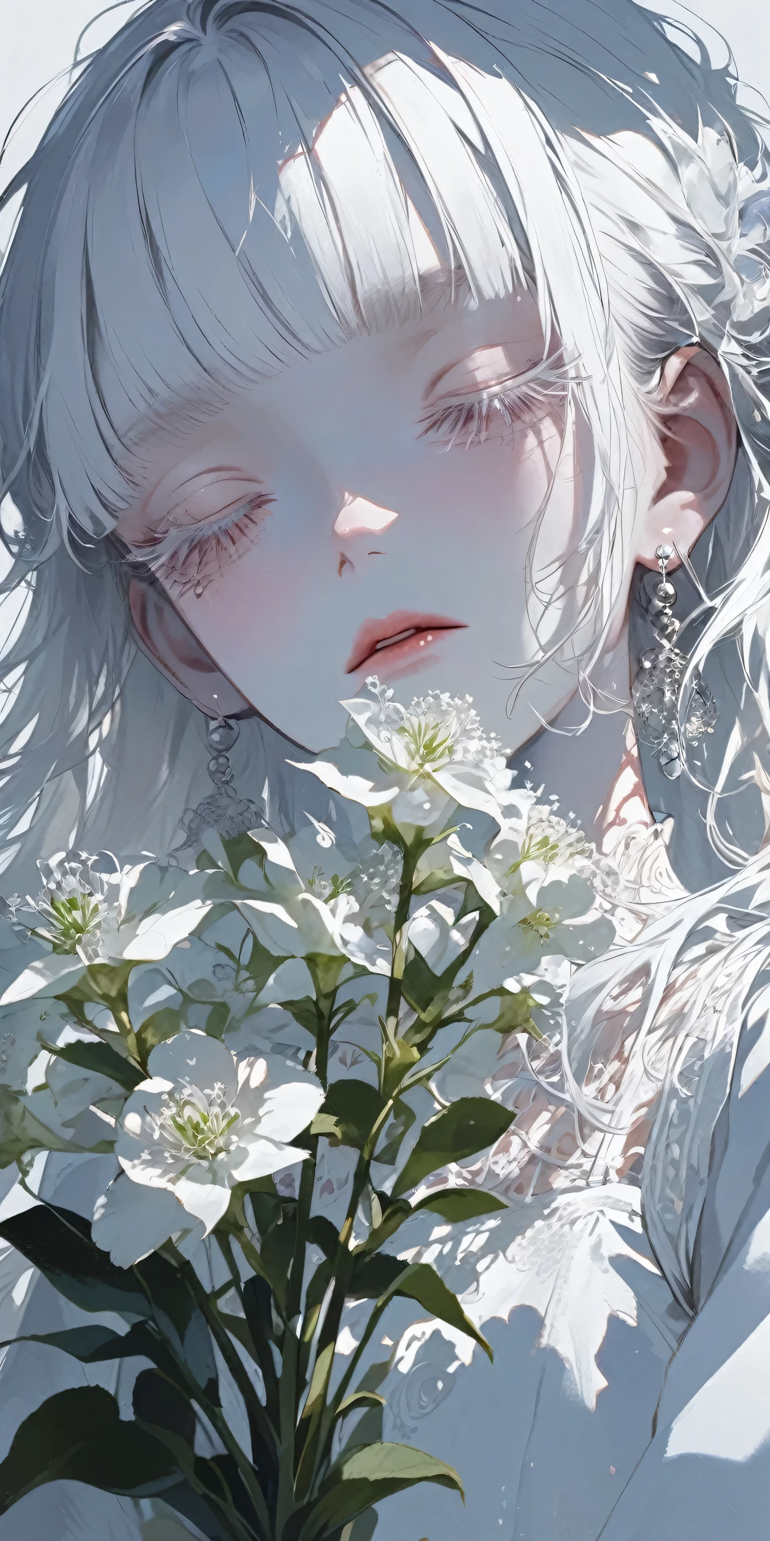 White theme, 1 girl, holding bud bouquet, holding a bud bouquet in front of her face,, solo, long hair, white skin, flat chest, Anxious expression, closed the eyes, looking down, upper body bends forward, bangs, white hair, jewelry, upper body, earrings, white laced blouse, blunt bangs, makeup, eyeshadow, white eyelashes, flowerium background, portfolio, portrait, album cover