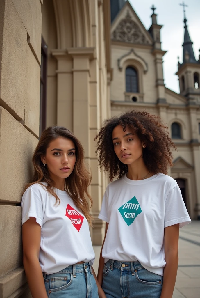 Photos of young men and women with white back t-shirts with the logo of the Anti Social Social Club brand in colors in landscapes of the Encuenca Cathedral, Eaudor