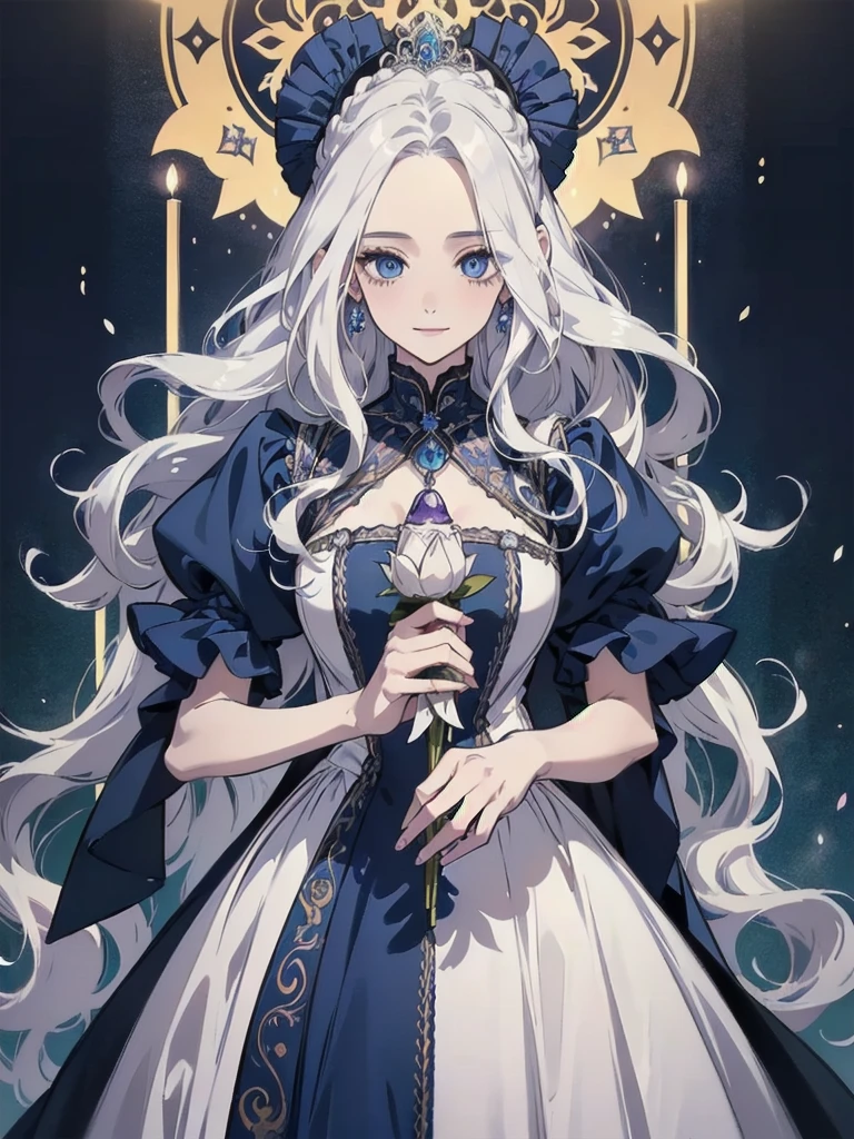 ((Highest quality)), ((masterpiece)), (detailed), White hair that glows pale in seven colors、Long Wavy Hair、Curly long hair、The forehead is protruding、Blue-violet eyes、Princess、Princess、clear、Pitiful、One person、Victorian、beautiful girl、human、One person、flower、Smiling curly hair, party dress, At the ball, light Blue Evening dresses