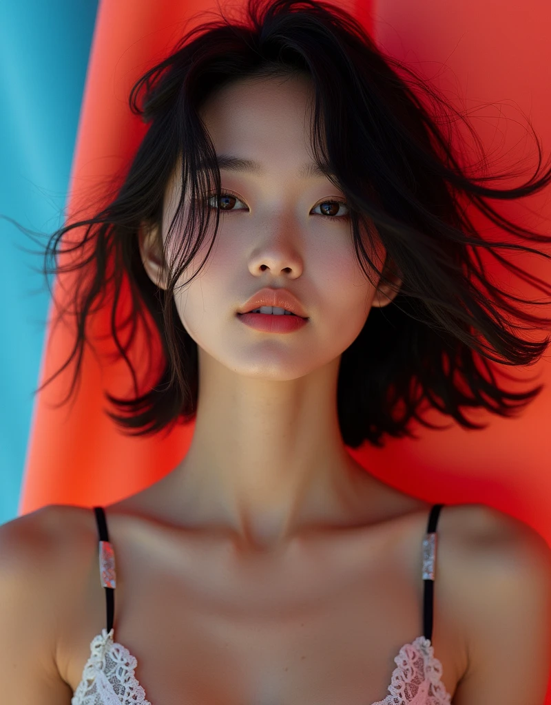 real photograph, (masterpiece), (highest quality), (Super detailed), (messy hair), (shape), (one japanese girl), (fashionable bikini), Are standing, Fashion Model, (simple red blue background), fine and beautiful eyes, pretty faced, floating, (high color saturation), focus on face, black hair, floating Hairs, (shining), best writing, best shadow,