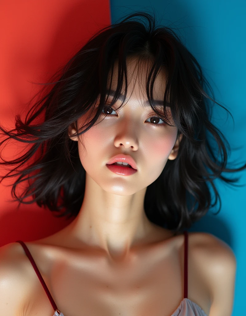 real photograph, (masterpiece), (highest quality), (Super detailed), (messy hair), (shape), (one japanese girl), (fashionable bikini), Are standing, Fashion Model, (simple red blue background), fine and beautiful eyes, pretty faced, floating, (high color saturation), focus on face, black hair, floating Hairs, (shining), best writing, best shadow,