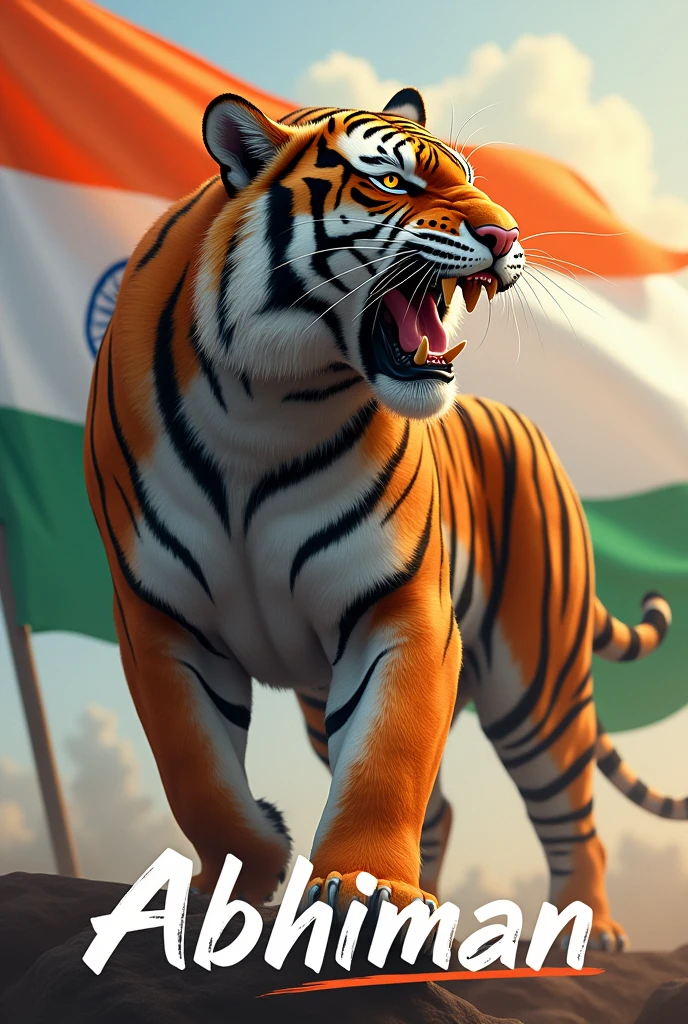 A roaring tiger with indian flag for independence day with written abhiman on bottom