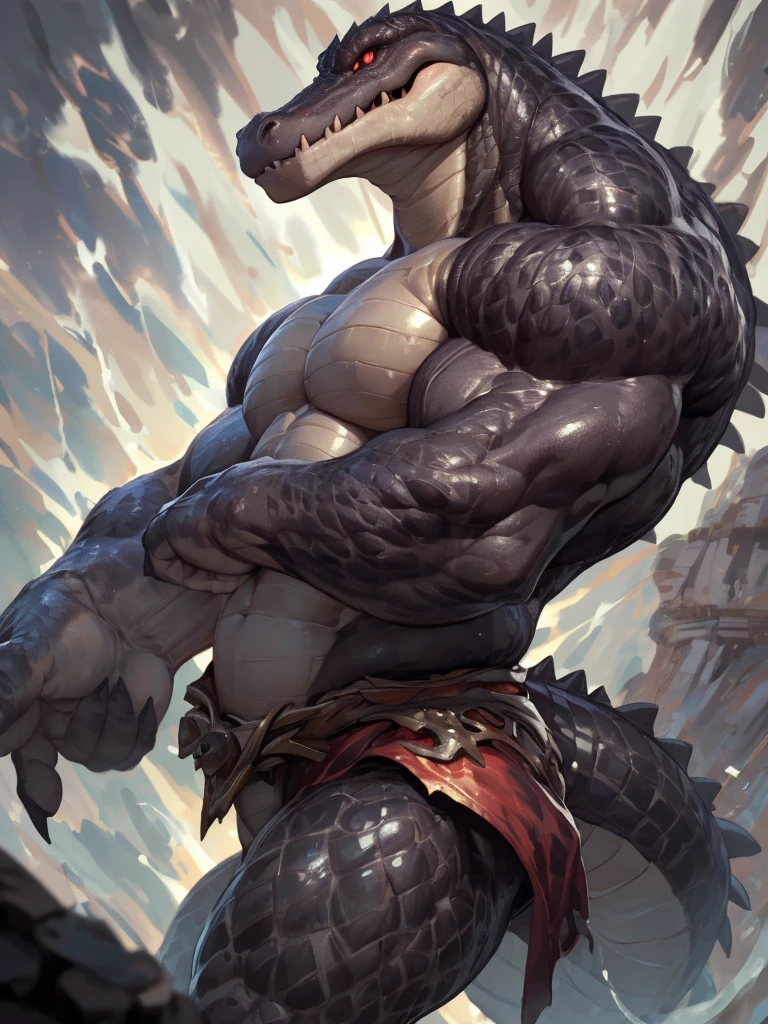 solo, anthro, furry male, crocodile, (Spiny scales, scales, detailed muscles), (Crocodile print), black scales, white belly, spiny scales, standing up, bodyguard outfit, black claws, red eyes, slit eyes, slim fit, muscular slim, menacing, raging, angry, detailed eyes, pecs, tail, long tail, looking away, (Masterpiece, by null-ghost, hi-res, 8k), face sideways, leaning forward, oil stain,  bodybuilding, bodybuilding posing trunk,