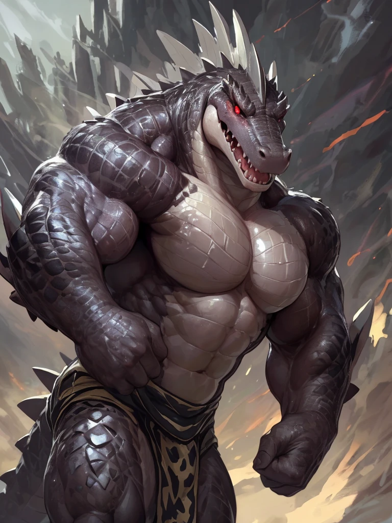 solo, anthro, furry male, crocodile, (Spiny scales, scales, detailed muscles), (Crocodile print), black scales, white belly, spiny scales, standing up, bodyguard outfit, black claws, red eyes, slit eyes, slim fit, muscular slim, menacing, raging, angry, detailed eyes, pecs, tail, long tail, looking away, (Masterpiece, by null-ghost, hi-res, 8k), face sideways, leaning forward, oil stain,  bodybuilding, bodybuilding posing trunk,