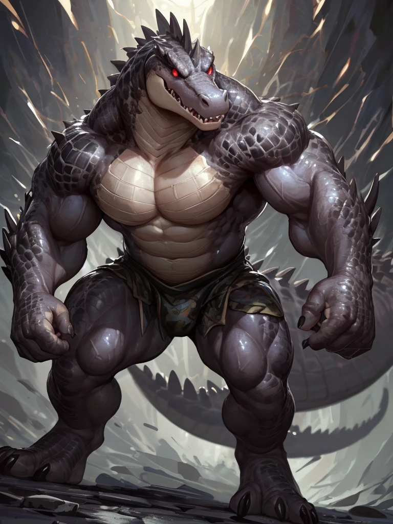 solo, anthro, furry male, crocodile, (Spiny scales, scales, detailed muscles), (Crocodile print), black scales, white belly, spiny scales, standing up, bodyguard outfit, black claws, red eyes, slit eyes, slim fit, muscular slim, menacing, raging, angry, detailed eyes, pecs, tail, long tail, looking away, (Masterpiece, by null-ghost, hi-res, 8k), face sideways, leaning forward, oil stain,  bodybuilding, bodybuilding posing trunk,