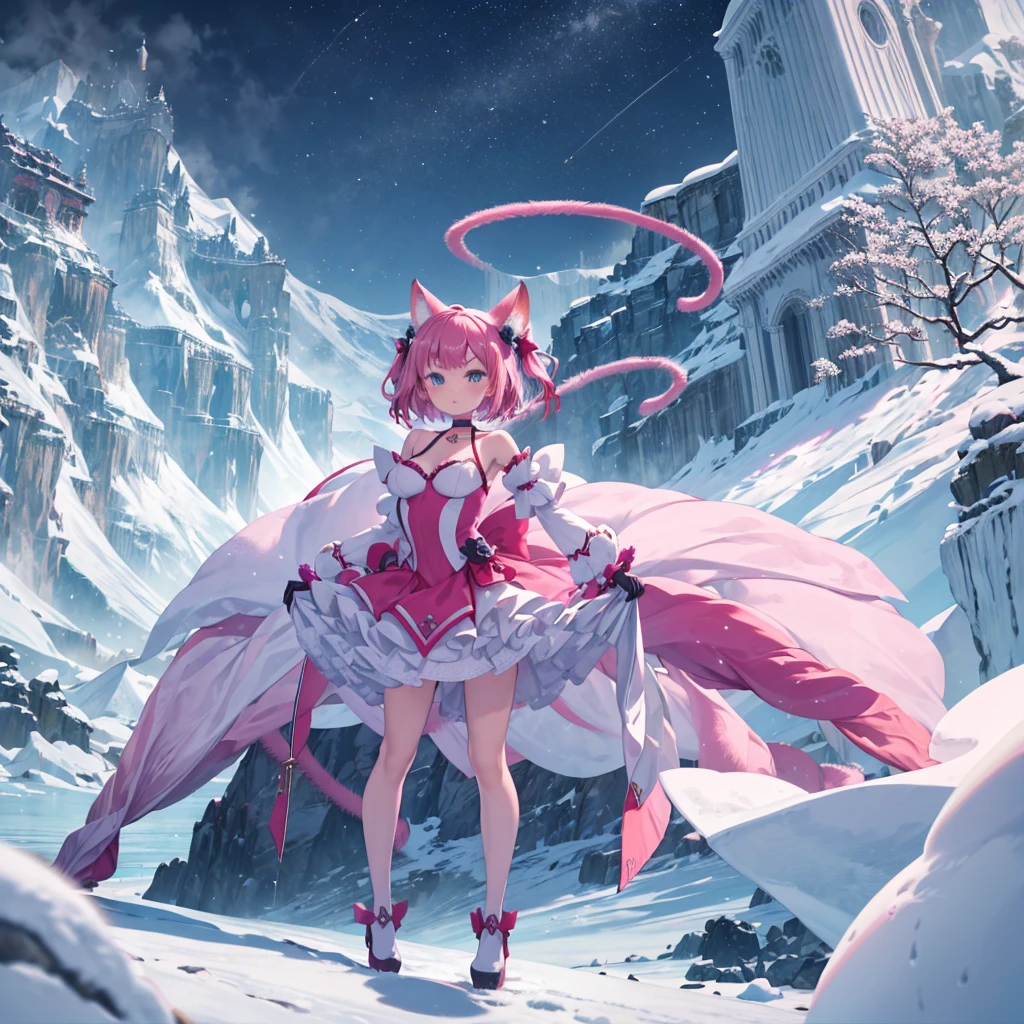 masterpiece,Highest quality,highly detailed,One person,alone,Severe,V-shaped eyebrows, blush,bow,Cat girl,cat tail,choker,Cleavage,Removable sleeves,dress,gloves,Large Breasts,Magical girl,mi1,pink choker,pink dress,puffy Removable sleeves,Puff sleeves,red gloves,ribbon,tail,tail bell,tail bow,tail ornament,short hair,Pink Hair, break (((Two-handed 2))),Raise your arms,Outstretched arms,Hanging from a branch,Grasping a branch,aerial photograph,(((snow mountain, iceberg, Ice cliff, Iceberg, snow, snowing))),Mountain Horizon,