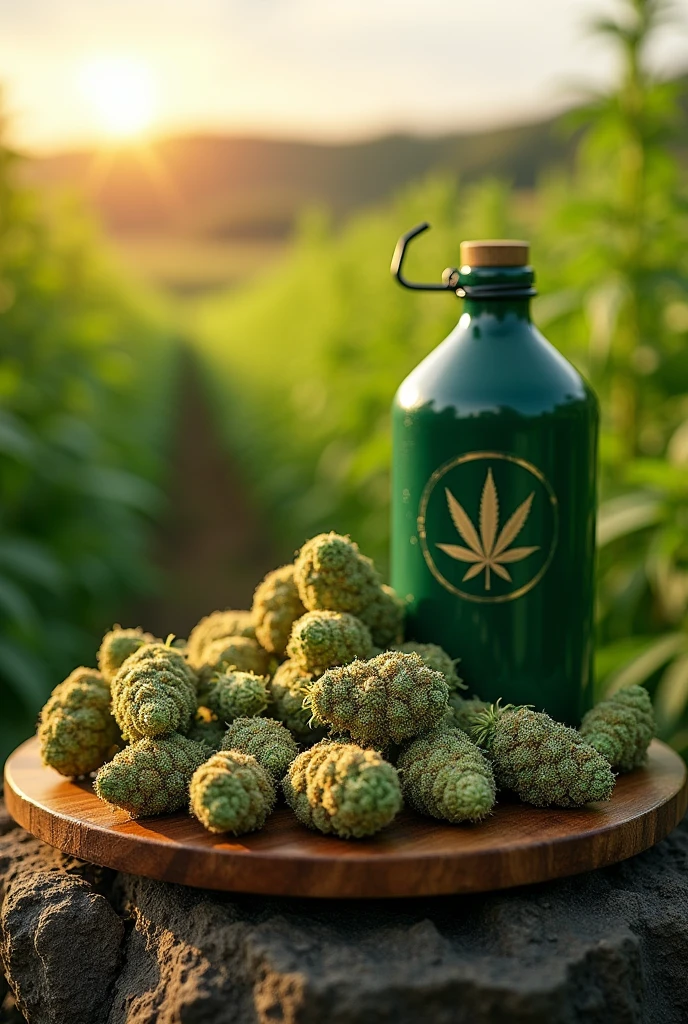 Imagine un **plateau magnifiquement arrangé**, traditionnellement utilisé pour présenter des fruits, mais dans ce cas, il est rempli de **différentes variétés de cannabis**. Chaque "fruit" est en réalité une tête de cannabis, soigneusement sélectionnée pour représenter la diversité des souches. Sur le plateau, les couleurs et les textures varient : des têtes d'un vert vif et éclatant, des bourgeons aux teintes pourpres profondes, et d'autres avec des nuances dorées, couvertes de trichomes scintillants comme du sucre.
Le plateau est fait d’un matériau naturel, peut-être en bois foncé ou en pierre polie, ce qui ajoute une touche organique et rustique à l’ensemble. Il est posé sur un **rocher rugueux**, légèrement incliné, et recouvert de mousse, donnant l’impression que le plateau fait partie intégrante du paysage naturel. Le rocher lui-même est solidement ancré au milieu d’un **champ de cannabis** qui s’étend à perte de vue en arrière-plan. Le champ est dense et luxurieux, chaque plante de cannabis étant en pleine floraison, avec des feuilles et des têtes qui captent la lumière du soleil, créant un océan de vert qui semble s’étirer jusqu’à l’horizon.
À côté du plateau, il y a une **bouteille de gaz** robuste, qui contraste avec le naturel du plateau et du champ. La bouteille est en métal, avec une surface légèrement usée, comme si elle avait été exposée aux éléments. Sur la bouteille se trouve un **logo de cannabis** en vert, lumineux mais simple, avec en dessous, la marque **"Butagaz"** inscrite dans la même teinte de vert. Le logo et le texte sont soigneusement alignés, ajoutant une touche moderne à cet objet fonctionnel.
L’ensemble de la scène est baigné dans une lumière naturelle douce, peut-être au coucher du soleil, avec des ombres longues qui accentuent les détails des têtes de cannabis et du champ en arrière-plan. Cette composition crée une harmonie entre le monde naturel et les objets humains, en célébrant la diversité et la beauté du cannabis dans un c
