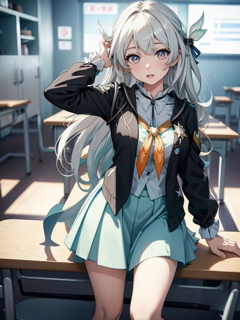 (Firfly from Honkai starrail game), 1girl, as a highschool girl, wearing a school uniform with white shirt and blue skirt, at a classroom , 8k, high detailed, high quality