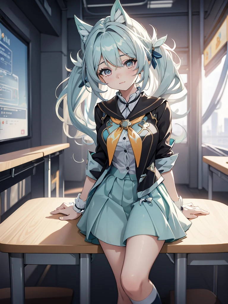 (Firfly from Honkai starrail game), 1girl, as a highschool girl, wearing a school uniform with white shirt and blue skirt, at a classroom , 8k, high detailed, high quality