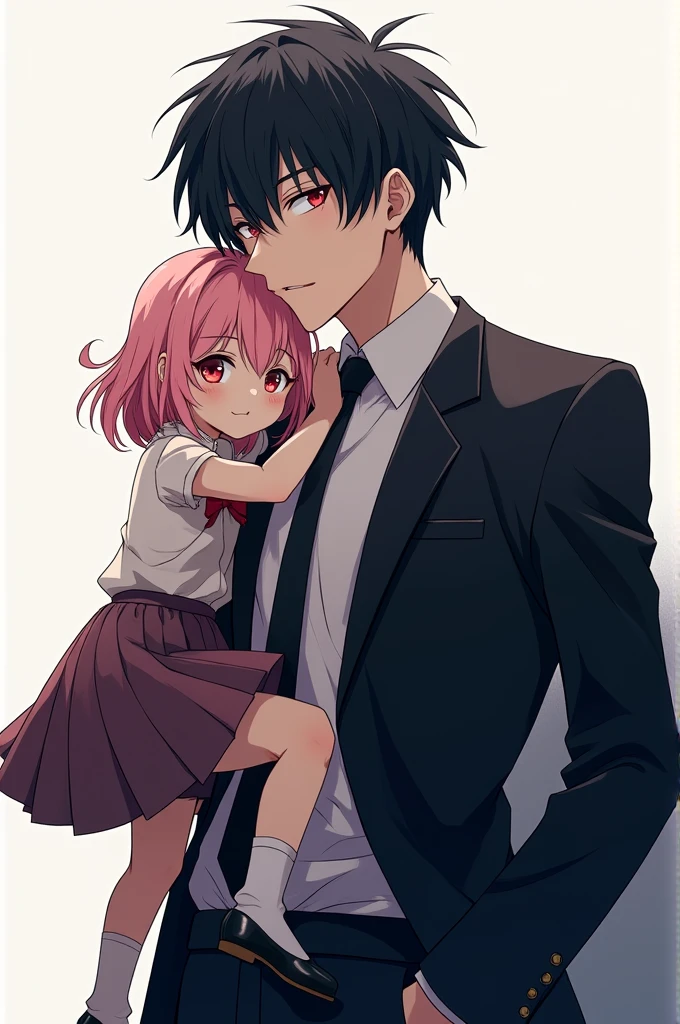 A tall anime boy with a suit and a menacing look, with black hair, holding his cute little sister with pink hair sitting on his shoulder.