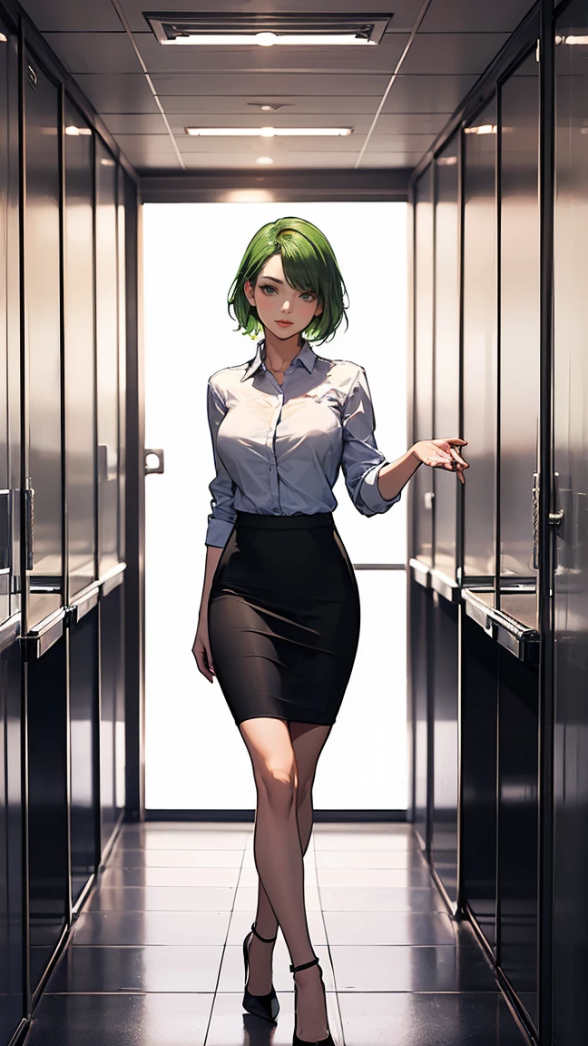 Third person view, Vin entering the elevator with co-workers, [Vin] a beautiful-looking girl, human, female, 25, short green hair, slim and hot figure, wearing a sexy office suite, micro skirt and high heeled pumps. Co-workers are giving glances. Show co-workers.