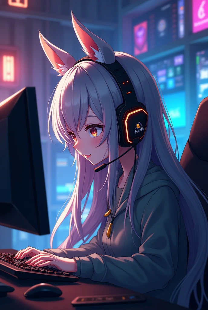 shibi aux cheveux longs avec un casque gaming qui joue à des jeux vidéo.
