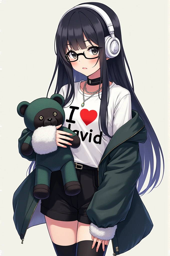 anime female character, with long straight black hair white headphones,black chinese eyes, white fur black hand warmers white tennis shoes and black leg warmers ,black glasses and green and black teddy bear , y camisa que diga I ❤️ david 