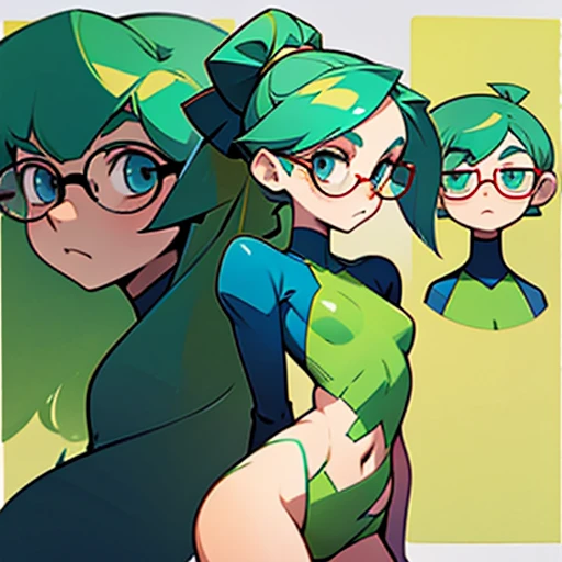 Thin teenage girl with long green hair, with a slightly round thin face with big blue eyes He wears square glasses

With straight, long green hair, styled in a ponytail

Slim, well-defined body with a small bust and wide hips, thin but toned arms and long, slender legs. 

Dressed in green ribbons

(((character sheet))) ((various views)) ((front and back) (Face detail) (full body