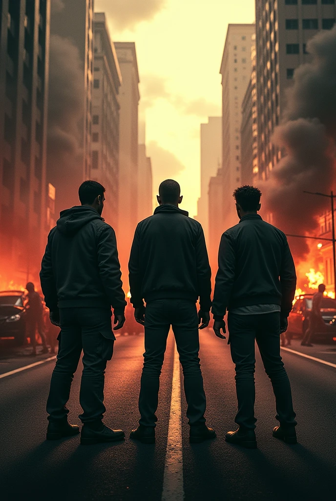 3 men with their backs turned, looking at a street where cars are on fire and zombies are attacking.