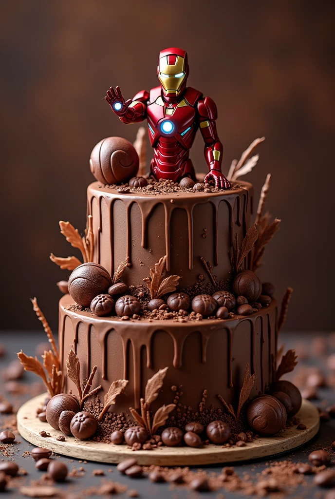 Make a chocolate birthday cake with Iron man on top more designs around the cake and make it look fancy and realistic cake and make it more lively