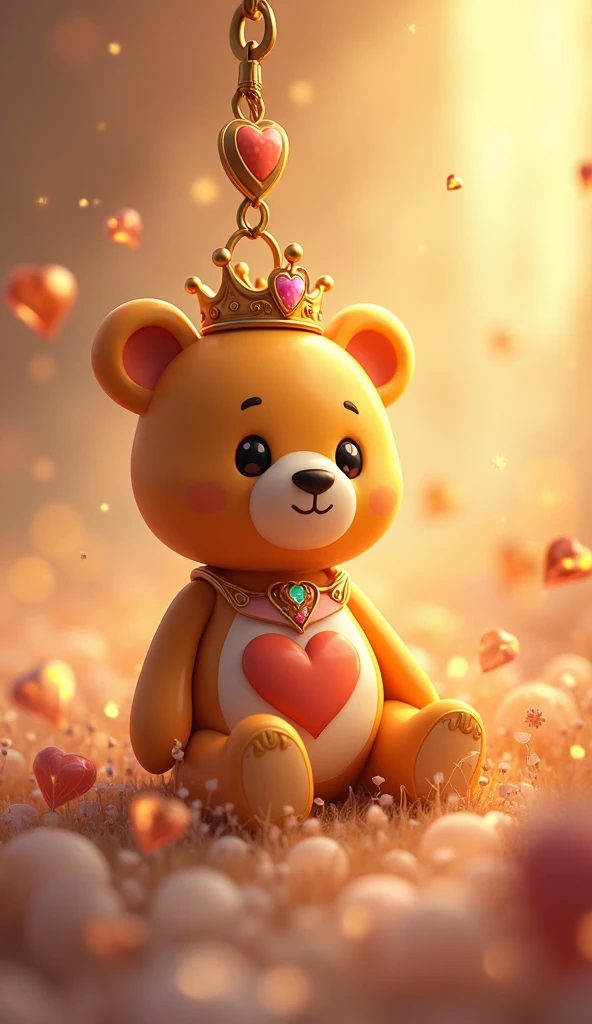 A close-up of a golden cartoon bear keychain，There is a heart in the chest, Lovely and detailed digital art, Popular on artstation pixiv, Beautiful and lovely lighting, Detailed fan art, Beautiful animal pearl queen, Cute digital art, Digital Art on Pixiv, Lovely detailed artwork, [ Tarot ]!!!!!, Dreamy and detailed, official art works, Profile picture 1024px，crystal，He has a crown on his head.
