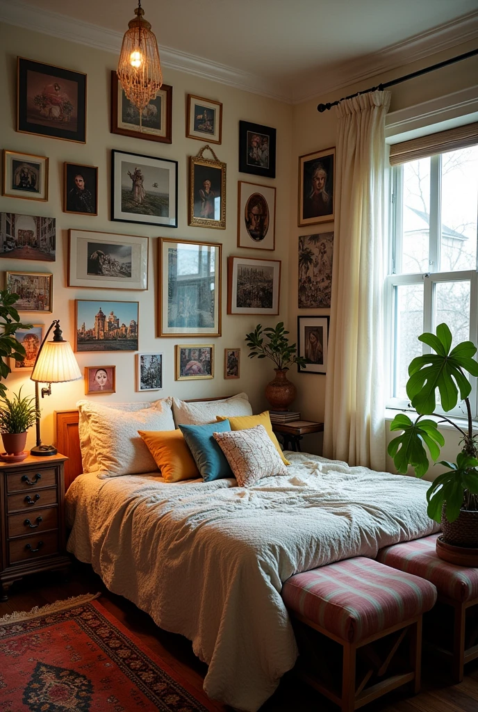 a bedroom showing lots of images on the wall