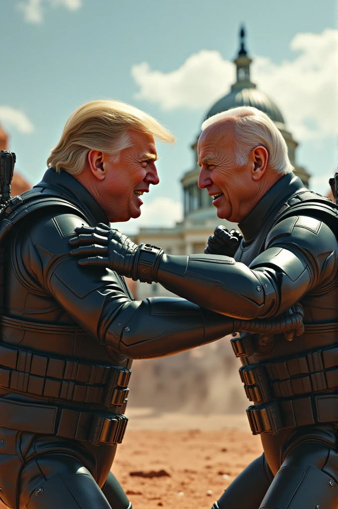 Trump fighting Biden on a far planet. We can see Capitol Hill in the back. Photorealistic. Masterpiece.
