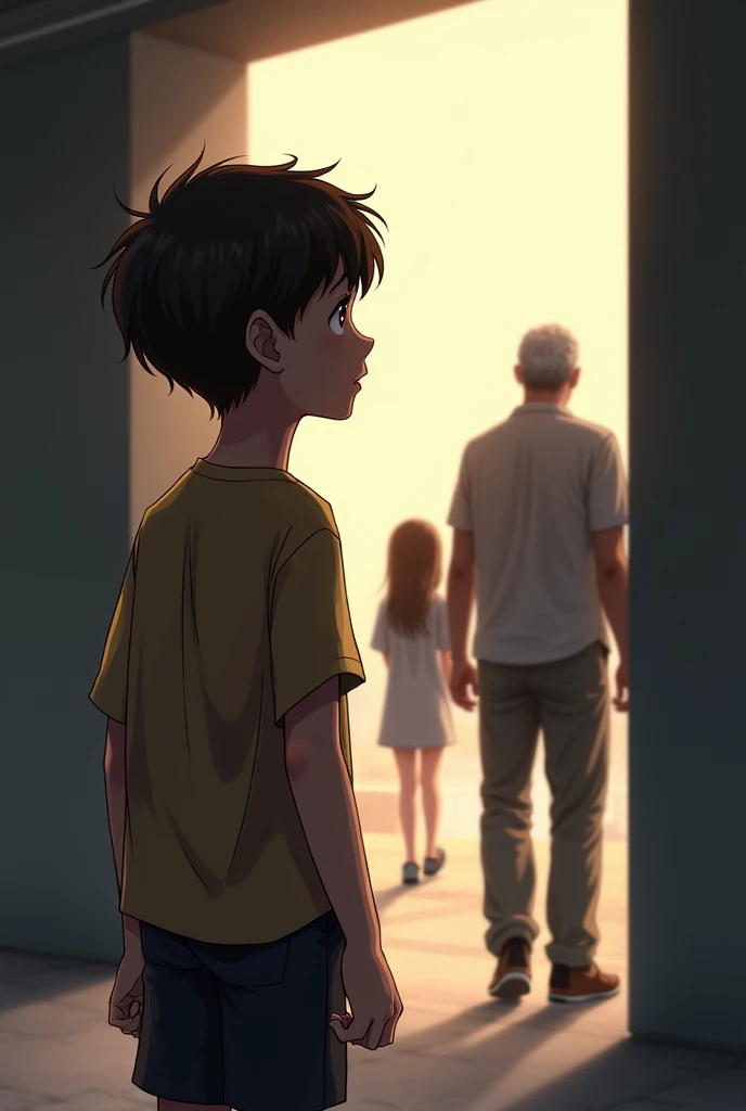 A boy is watching his girlfriend, while she is going with her father in front of him