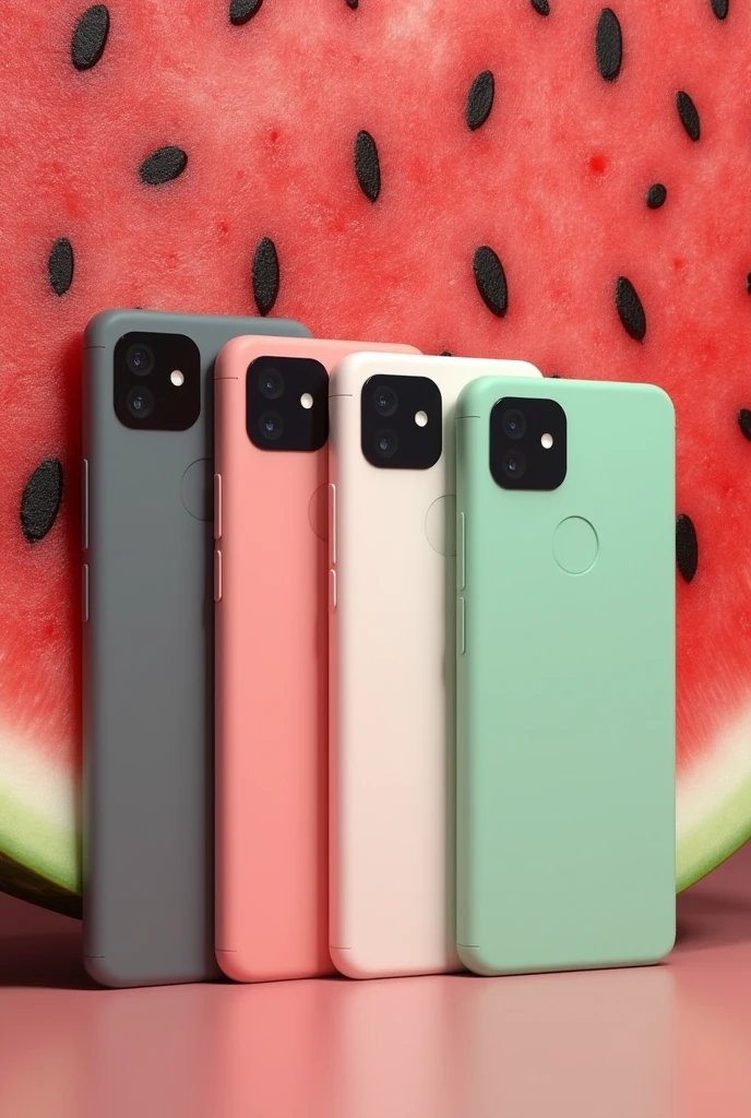 Newly launch google pixel 9. Available in four color, grey, peach pink, light green. Arrange 4 model side by side with its color. With the background of watermelon