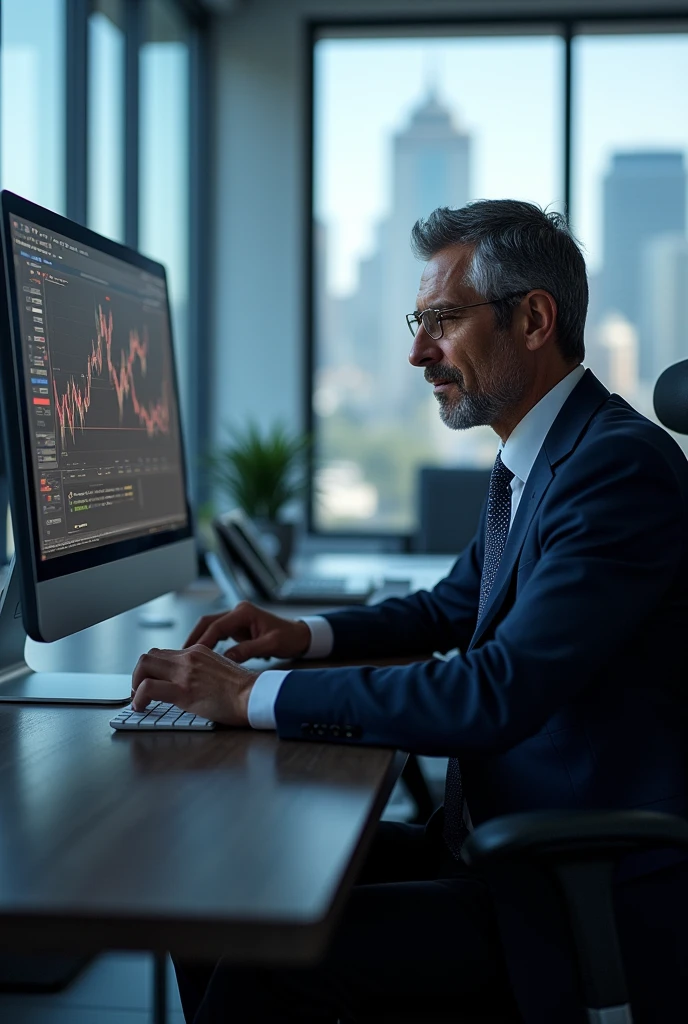A man who is sitting on a chair is doing high-frequency trading on a computer.