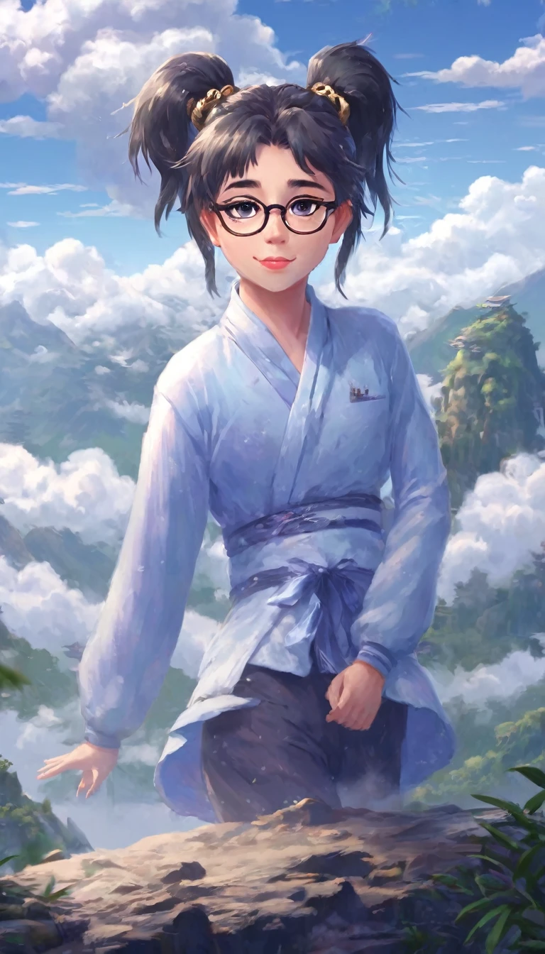 Feminine male, 15 y ol' Femboy, cute, short ,Glasses made out of bamboo , fat ass, long black ponytail, gold eyes, murim suit, on the Peak of a mountain that have a view of the clouds 